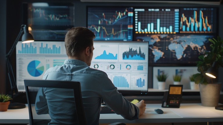 PR account manager looking at media monitoring analytics